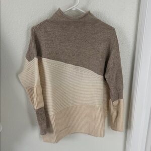 French Connection Textural Colorblock Rollneck Sweater in Brown and Cream